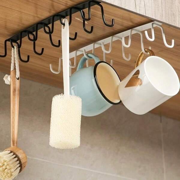 2pcs No Drill Double Row Hanging Hooks, Kitchen Cabinet Organizer Hooks, Space-Saving Iron Rack Hangers For Wardrobe, Home Decor Multi-Function Accessories