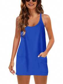 Women Athletic Mini Dresses Built-In Shorts Set Summer Sleeveless Sundress Hot Shot Mini Dress - Xanh đậm - Xem 4