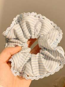 1pc Blue Bowknot Lace Trim Hair Scrunchie, Korean Style Large Messy Bun Hair Tie, Polyester Scrunchies Scrunchy Hair Ties