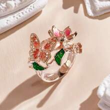 1pc Elegant Butterfly Resin Flower Decor Adjustable Ring, Alloy Material With Rhinestone, Suitable As Women/Girlfriend Gift, For Daily Wear