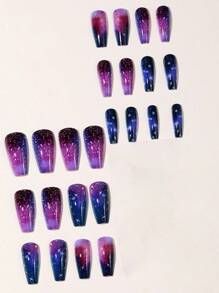 24 Pcs Press On Nails Ballet Fake Nails With Space Themed Design Moon Star With Diamond Acrylic False Nails Glitter Full Cover Stick On Nails For Women And Girls