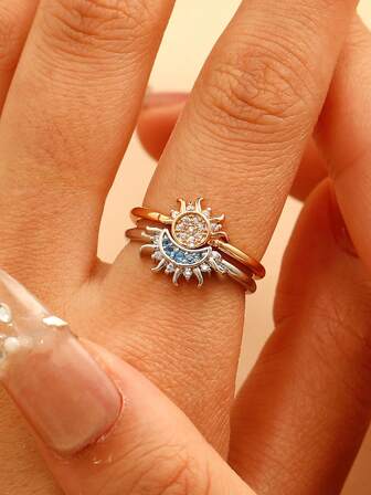 2 Pcs Sun & Moon Combo Adjustable Women/Couple Rings, Artificial Zirconia Elegant Charm Fashion Accessories, Suitable For Girlfriend Gifts And Daily Wear