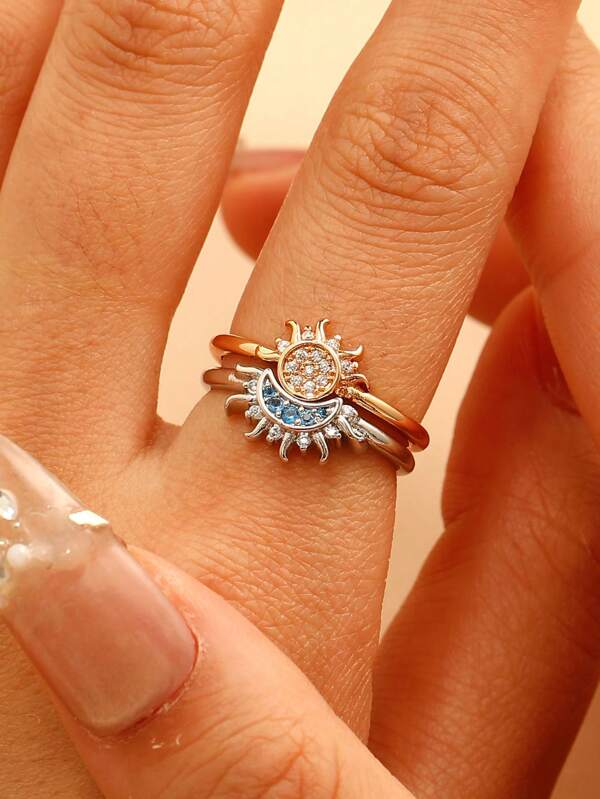 2 Piezas Anillos ajustables de sol y luna para mujeres/parejas, con circonita artificial, elegante y encantador accesorio de moda, adecuado para regalos a la novia y uso diario