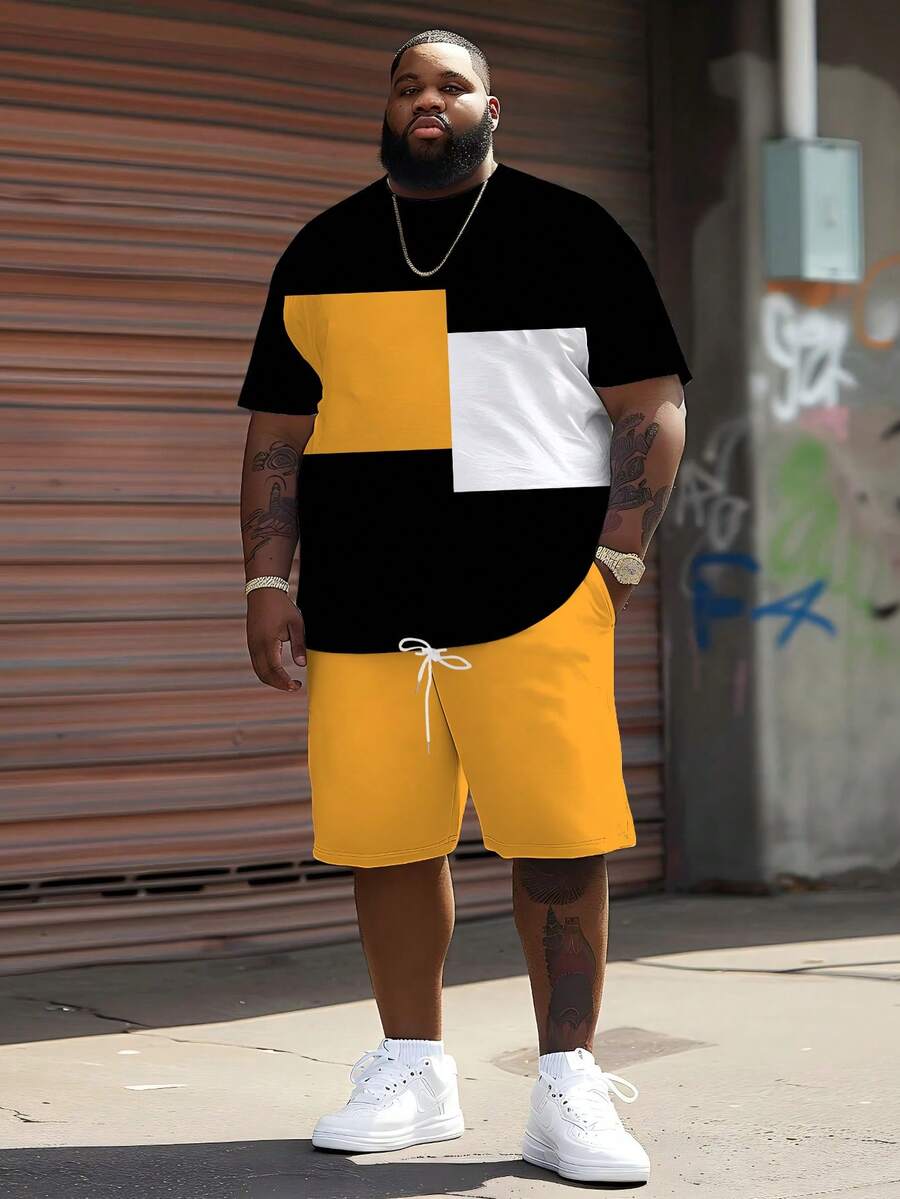 Fashionable Color Block Pattern Print | Plus Size Men's Short Sleeve Set | 3D Graphic Round Neck Top | Stretchy Breathable Polyester | Casual Sporty Style | Plus Size Loose Fit | Daily & Party Wear - Multicolor - View 1