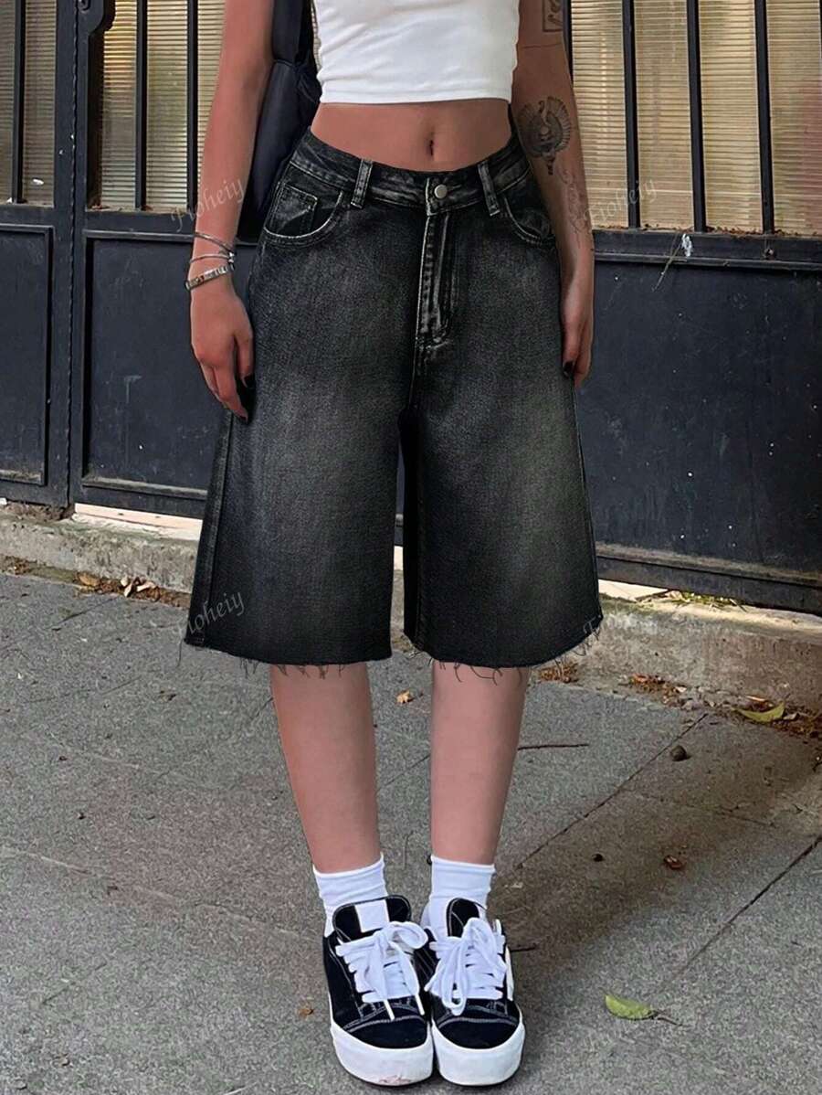 Short en jean à taille mi-haute, déchiré, ourlet brut, large jambe, bermuda, longueur genou "jorts" avec poches, style Y2K de la rue