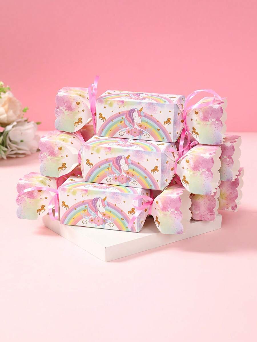 6pcs Unicorn Theme Gift Bags Candy Boxes With Ribbon, Rainbow Unicorn Style Gender Reveal Gift Wrapping Box For Birthday BabyShower Family Holiday Party Decoration Gift Wrapping Supplies,Birthday Party Favor,Candy Cookie Bags