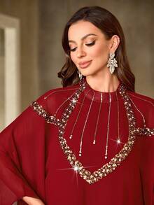 女式立领纯色优雅串珠水钻装饰阿拉伯长裙