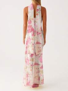 Women Y2k Floral Strapless Maxi Dress Boho Off Shoulder Sleeveless Bodycon Long Dress Summer Backless Tulle Tube Dress With Scarf - 紅白色 - 查看 4