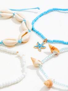 4pcs Boho Beaded Shell & Seashell Fashion Anklets, Beaded & Rope Woven Elastic Anklet Set For Women - Gold - View 5