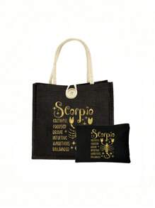 Geantă tote cu model de constelație aurie și geantă mică cu model de constelație, geantă tote neagră din in