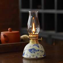 1pc Ceramic Blue And White Porcelain Floral Oil Lamp With Lamp Shade, Adjustable Wick, Suitable For Camping, Home Use, Festivals Like Christmas, Easter, Ramadan, Valentine's Day, Gift