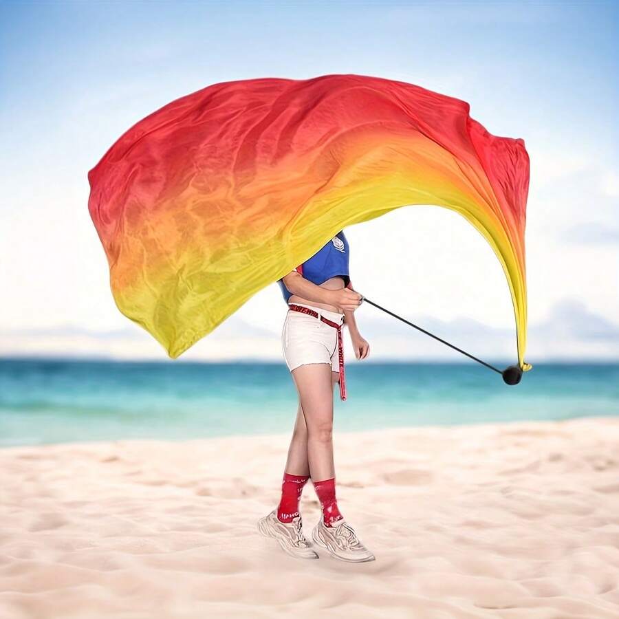 1pc Multi-Color Dance Imitated Silk Veil Poi 2.0x0.8M/78"X31" Belly Dance Poi Streamer Throw Ball Haka Dance And Polynesian Delicate Cool Eye-Catching Flag, Stage Performance Prop (1 Ball+ 1 Ribbon) - 橘色 - 查看 1