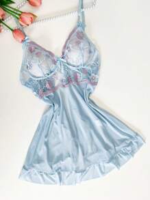 1 set Camicia da notte sexy da donna, elegante completo di lingerie in pizzo ricamato traslucido con scollo a V, abito corto, con slip morbido e volant