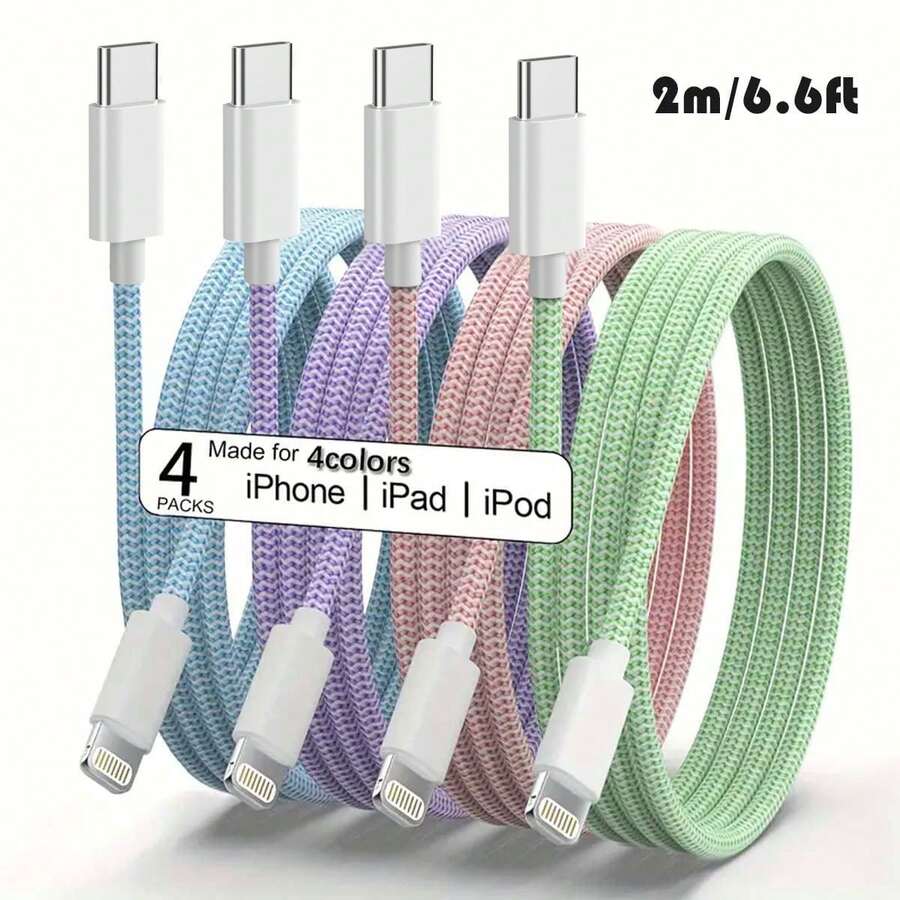 Durcord 【MFi认证】1/4条装 2米/6.6英尺/78.74英寸超长充电线,多色尼龙编织 USB-C 转 Lightning 快充数据线,兼容 11/12/13/14/6/6S/7/8 Plus/X/XR/Pro Max - 彩色 - 查看 1