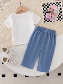 Baby Girl 2pcs Set, Butterfly Print Short Sleeve T-Shirt Top And Loose Wide-Leg Blue Pants With Bow Decor, Casual Summer Outfit - Blue - View 3