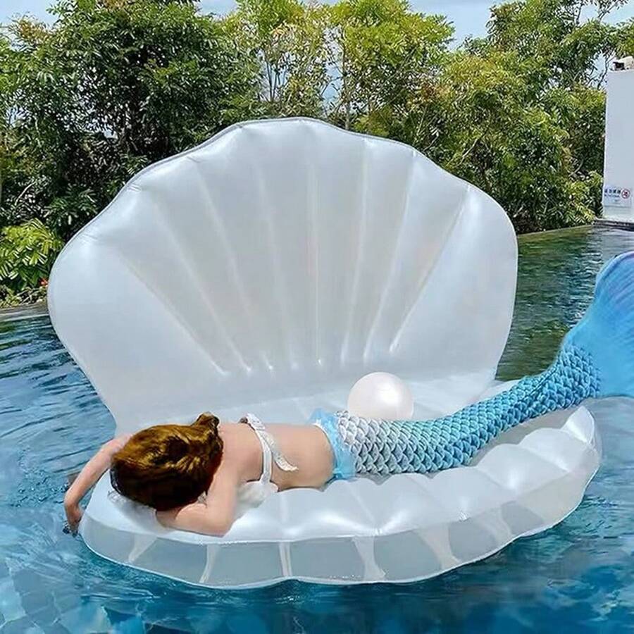 1pc Faux Pearl Shell Inflatable Pool Float, Thick PVC Material, Outdoor Leisure Water Party Floating Bed, Beach Essentials, Beach Accessories - White - View 1