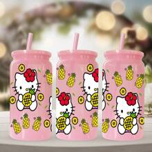 Sanrio 1 pieza Botella de agua de plástico rosa de 16 oz con estampado de Hello Kitty de Sanrio, adecuado para café, bebidas, cerveza, leche, jugo, un gran regalo de hidratación de verano para ella (con pajita reutilizable)