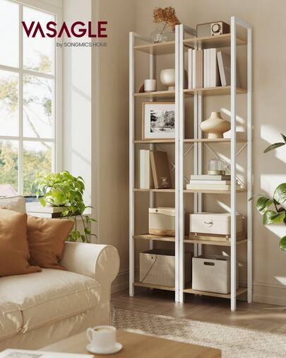VASAGLE Librería de 6 Niveles, Biblioteca, Estantería para Oficina, Estudio, Sala de Estar, Dormitorio, 30 x 40 x 187,5 cm, Industrial, Beige Natural y Blanco Nube