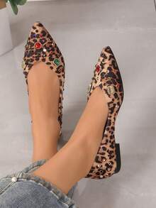 Women's Punk Style Crystal Embellished Pointed Toe Flat Loafer Shoes, Suitable For Office And Party - LEOPARD - View 2