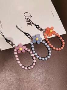 Simple & Elegant Key Chain Compatible With Mobile Phones, Bags Ornaments Mobile Phone Strap Beaded Flower Bracelet Creative Hanging Rope Keychain Mobile Phone Lanyard Beaded Flower Anti-Lost Phone Case Lanyard Girl Women's Wrist Strap Phone Charms,Colorful - Multicolor - View 7