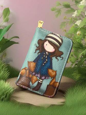 可爱女孩和狗图案卡包钱包，治愈系卡通设计多功能卡槽收纳包，便携防水材质学生证/卡/公交卡/名片收纳，时尚ins风，大容量，防盗，创意礼物