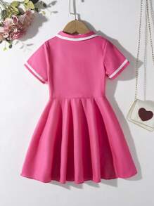 Abito estivo da ragazza, stile casual, con stampa di cuori e righe, colletto polo, maniche corte, design sportivo