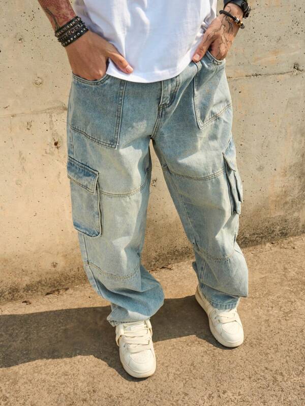 Vintage Washed Multi-Pocket Cargo Jeans For Men, Loose Wide Leg Baggy Distressed Long Pants,