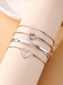 4pcs Simple Casual Metal Love Button Bracelet Set - Silver - View 3