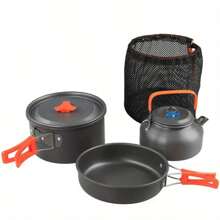 3-częściowy duży zestaw patelni do smażenia + duży garnek do gotowania + czajnik 1,6 l. Zestaw aluminiowych naczyń kempingowych do gotowania na świeżym powietrzu. Zestaw zawiera czajnik, garnek i przybory do podróży, pieszych wędrówek, pikników i grillowania.