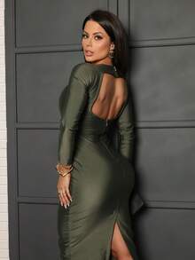 Pradaa Premium Mesh Women's Long Sleeve Midi Dress With Slit Perfect For Casual Events Zero Transparency - Army Green - View 2