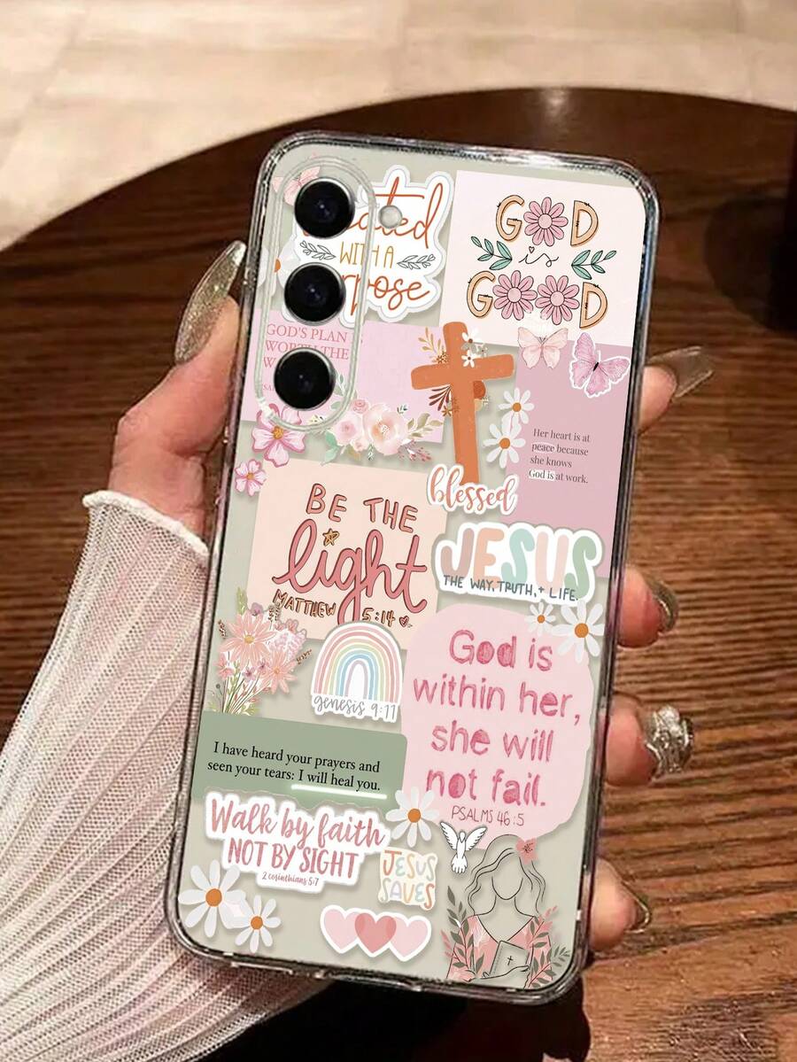 Pink Slogan Element Fashion Shockproof 1pc Transparent Perforated Pink Patchwork Letter Painted Thick Shockproof Phone Case/Cover Compatible With IPhone/ Galaxy Smartphones International Version Not The Domestic Version Spring Gift Easter Cases - Multicolor - View 1
