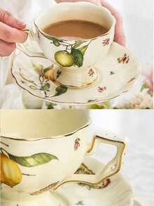 Set de cești și farfurioare vintage la modă, decorate cu pădure și lămâie, pictate manual cu ornamente aurii pe marginea ceștii, mâner și marginea farfurioarei; ceainic ceramic retro de înaltă calitate; disponibil în modele de lămâie, fluturi și insecte multicolore și florale, emanând o atmosferă sofisticată și elegantă.