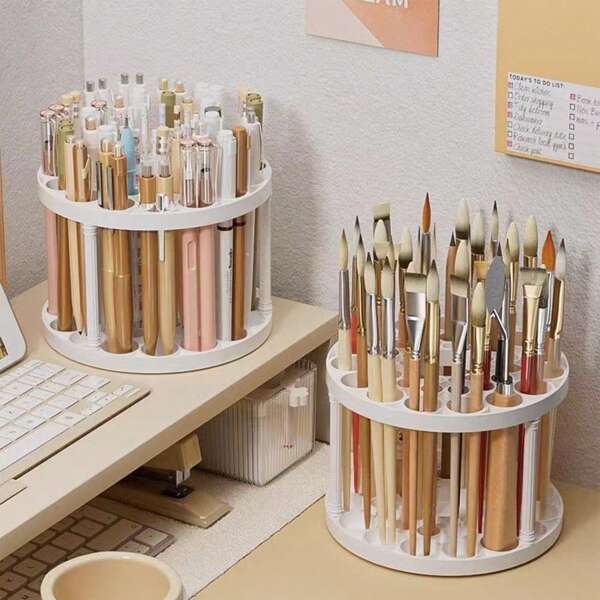 1pc 360° Rotating Brush Holder, Plastic Storage Stand With Glazed Finish For Art Brushes, Pens, Makeup Tools - Space-Saving White Desktop Organizer