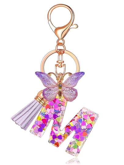 1个女士字母钥匙扣，流苏蝴蝶紫色可爱汽车钥匙扣，可挂在钱包、背包、包包上，是学校哥特风Y2K圣诞节礼物创意之选，带证件夹的包带，汽车配件，包包挂饰，送给老师、朋友、姐妹都很合适。