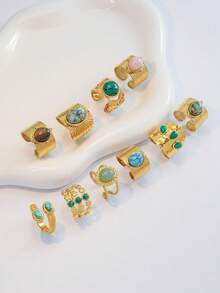1pc Turquoise Ring, Niche Design European And American Elegant Stainless Steel Ring, Exquisite Versatile Street Fashion Item, Perfect Gift For Your Loved One - Yellow - View 2