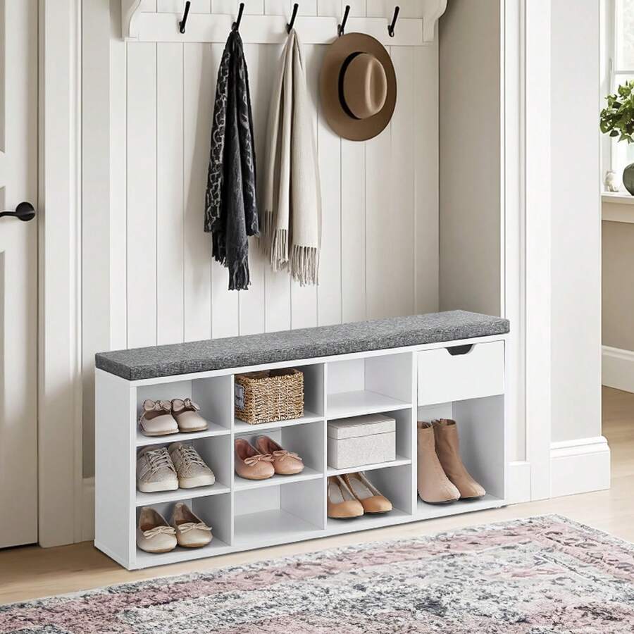VASAGLE Storage Bench, Entryway Bench With Cushion, Drawer And Open Compartments, Bench With Storage, For Living Room, Bedroom, Closet - White - View 1