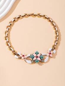 1set Jewelry Kit Including 1 Pair Earrings, 1 Ring, 1 Necklace, Featuring Floral Design In Pastel Colors Of Pink, Blue-Green, And White, With Gold-Tone Metal Chain And Components, Vintage And Fashionable Style, Suitable As Stylish Accessories To Complement Party And Date Outfits - Multicolor - View 11