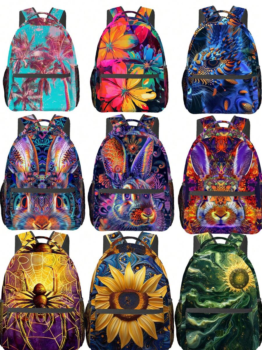 1pc Bohemian Style, Coconut Trees, Flowers, Patterns, Rabbits, Spiders, Retro Style Fashion Cool Return To The Ancients Cartoon Printed Backpack, Student Backpack, Lightweight And Stylish Backpack, Adjustable Shoulder Strap, Ideal Gift, Suitable For Leisure Travel And Daily Commuting Multiple Compartments - Multicolor - View 1
