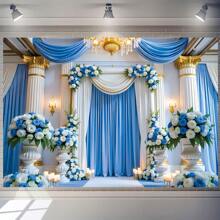 Elegant Blue And White Wedding Backdrop Flag - Vibrant Castle Palace Design, Polyester Fabric, Suitable For Engagement Party, Birthday And Sophisticated Home Decor, Wedding Decor | Luxury Wedding Flag | Reusable Decorative Item, Wedding Gift