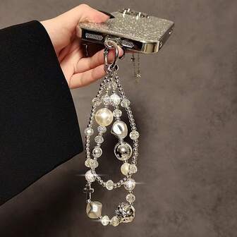 1 件银色时尚闪亮串珠手机链、腕链、钥匙扣