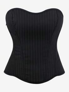 Overbust Corset Top, Pinstripe Shaping Camisole, Strapless Boned Bodice With Side Zipper, Tight Elastic Bandage Bustier For Women To Wear Out, Suitable For Parties - Black - View 1