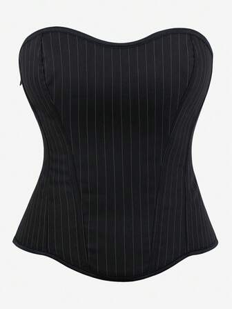 Overbust Corset Top, Pinstripe Shaping Camisole, Strapless Boned Bodice With Side Zipper, Tight Elastic Bandage Bustier For Women To Wear Out, Suitable For Parties