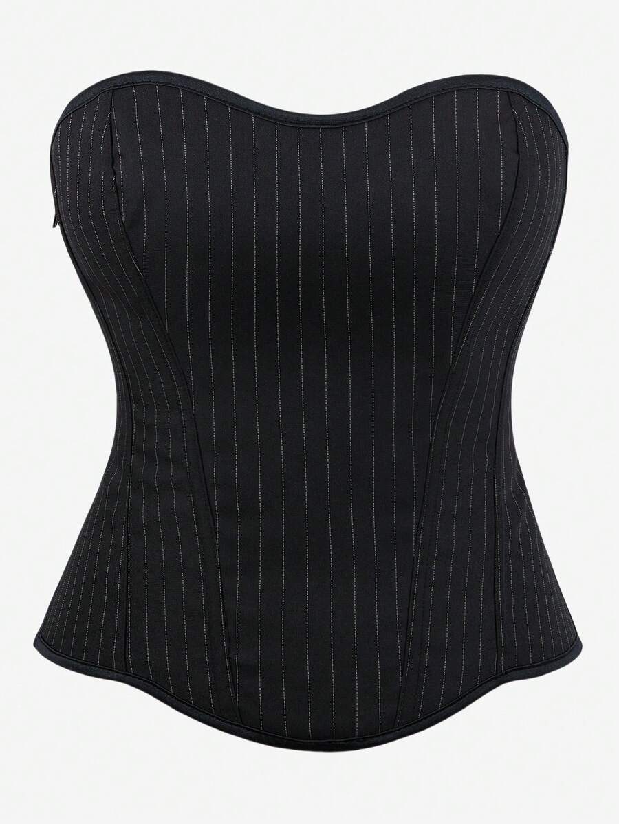 Overbust Corset Top, Pinstripe Shaping Camisole, Strapless Boned Bodice With Side Zipper, Tight Elastic Bandage Bustier For Women To Wear Out, Suitable For Parties - Black - View 1
