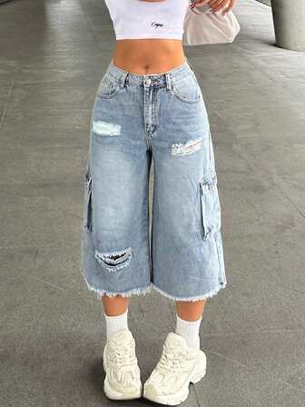 女士 Y2K 破洞牛仔 3/4 工装裤