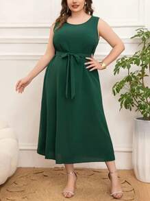 Conjunto de 2 piezas para mujer talla grande con vestido sólido sin mangas estilo árabe y cárdigan estampado de manga larga