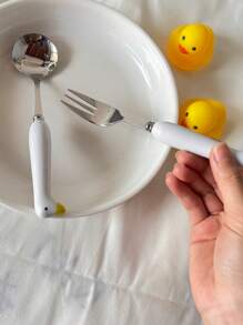 2pcs Stainless Steel Cartoon Ceramic Handle Goose Tableware, Goose Ceramic Handle Tableware With Colorful Ceramic Handle - Cute Cat Paw Design Dessert Spoon, Cake And Mooncake Fork, Portable Cutlery Suitable For Outings, Parties, Picnics, Home Use,School Supplies