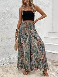Bohemian Style Elastic Waist Loose Wide Leg Pants Culottes
