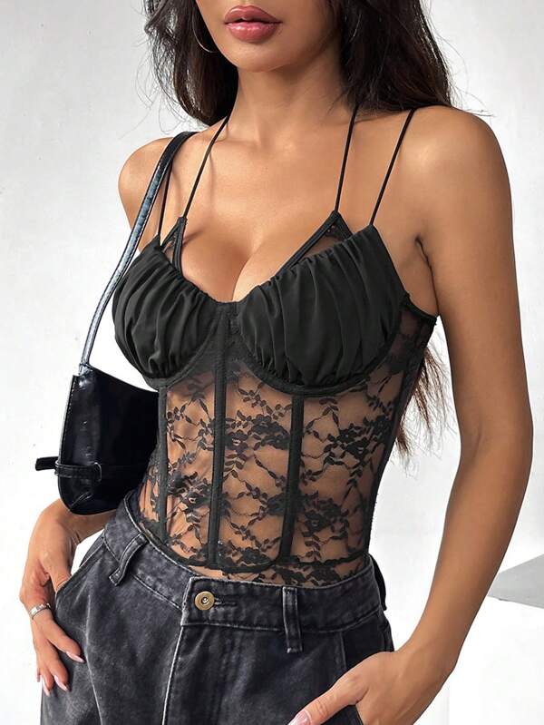 Camisola de malha com alças finas e cadarço estilo rua Y2K com detalhe de rede de pesca, ajuste confortável