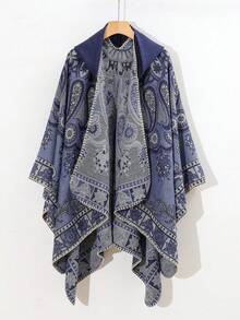 1pc Paisley & Clover Print Hooded Cape Jacket