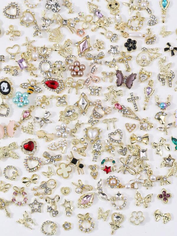 50 Pieces Of Luxurious Gold Alloy Nail Accessories Set Randomly, Including Rhinestones, Pearls, Hearts, Bows, And 3D Nail Accessories, Suitable For Daily Wear And DIY Nail Art